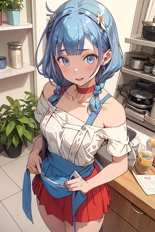 (dynamic angle:1.3, front view:1.1, breast focus:1.3, from below:1.2), (dynamic posing:1.5, sexy posing:1.3, leaning forward), (seductive smiling:1.3),masterpiece, 1girl, (pointed chest:1.3), cleavage:1.1,(double breasted:1.2,under bust:1.2), Amazing Cleavage:1.3, thin waist, cute ass, Raised sexy, (small breast: 1.4) posed cleavage:1.2、solo, looking at viewer, open mouth, have a grass of beergrass,black hair, blue eyes, bare shoulders, jewelry, collarbone, sidelocks, hairband, earrings, indoors, (red off shoulder sweater dress:1.3,skirts:1.2), arms behind back, short hair with long locks, blue white hairband, big side hair, very long side hair is rendered in (masterpiece: 1.2, best quality), with (ultra high resolution) and an exquisite (depth of field). This masterpiece is not only visually stunning but also tells, a scene of cooking in the kitchen
