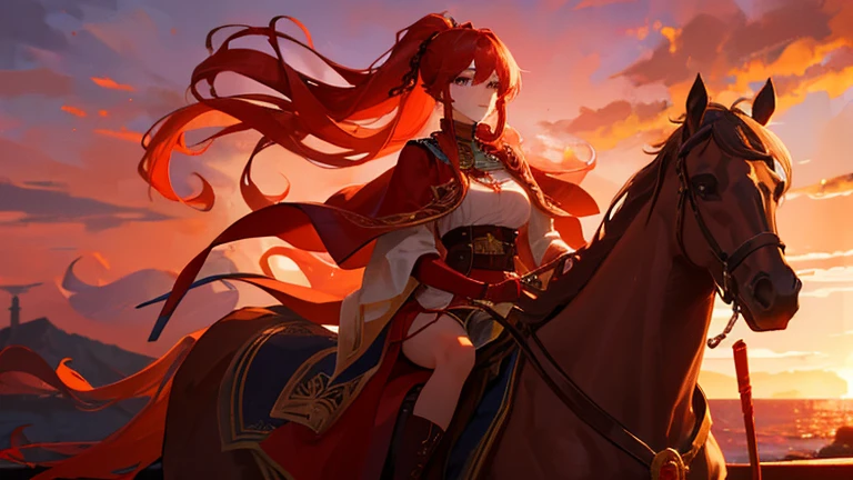 girl with red long hair, hair tied up, eyes upturned, cool girl, big golden horn, red royal clothes, 8k resolution, red sky