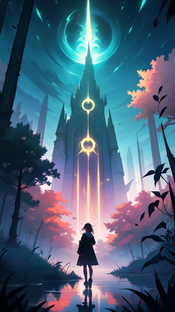 dream magical，large scene，s girl，long whitr hair，A huge deer，glowing，lakes，jungles，Psychedelic，nigh sky，Bauhaus art，anime visual，SENSE OF CINEMA，a sense of atmosphere，misty background，occultism，outstanding，best qualtiy