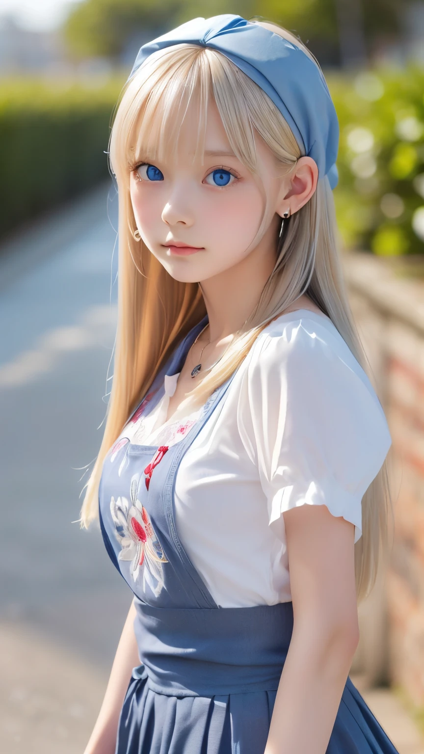 ((Detailed face, Cute Face)), (She is wearing a long white embroidered skirt., Red blouse with lace, A white apron is tied around her waist, blue socks, Brown leather shoes, She has a blue scarf wrapped around her head. yes, Her accessories include a necklace., Earrings, bracelet. 1 girl)), Ultra-high resolution, (Realistic: 1.4), RAW Photos, highest quality, (PhotoRealistic Stick), concentrated, Soft Light, ((15 years old)), ((Shiny platinum blonde silky super long straight hair, beautiful shiny bangs, Big clear sky blue eyes, Very beautiful bright eye highlights )), (( (Young Face))), (surface), (Depth of written boundary), masterpiece, (Realistic), woman, bangs, ((1 girl))