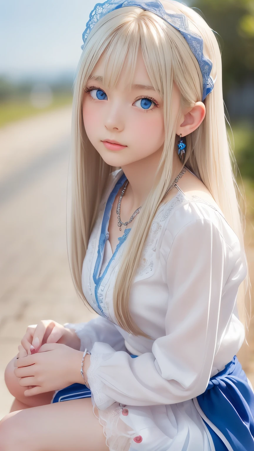 ((detailed face, cute face)), (She is wearing a long white embroidered skirt, a red blouse with lace, a white apron tied around her waist, blue socks, and brown leather shoes, blue scarf is on her head. Yes, her accessories include necklaces, earrings, and bracelets. 1 Girl)), Ultra High Resolution, (Realistic: 1.4), RAW Photo, Best Quality, (Photorealistic Stick), Focus, Soft Light, ((15 years old)), ((Shiny platinum blonde silk super long straight hair, beautiful shiny bangs, big clear sky blue eyes, very beautiful bright eye highlights )), (( (young face))), (surface), (depth of field), masterpiece, (realistic), woman, bangs, ((1 girl))