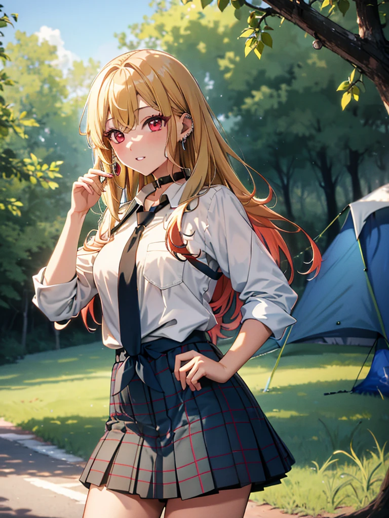 Outdoor Camping、camp site、tent、bonfire、Vision、kitagawa marin, 1girl, blonde hair, long hair, multicolored hair, red eyes, jewelry, earrings, piercing, , white shirt, tied shirt, black choker, blue necktie, plaid skirt, UHD, retina, ccurate, masterpiece, anatomically correct, textured skin, super detail, high details, high quality, best quality, highres, 8k, 