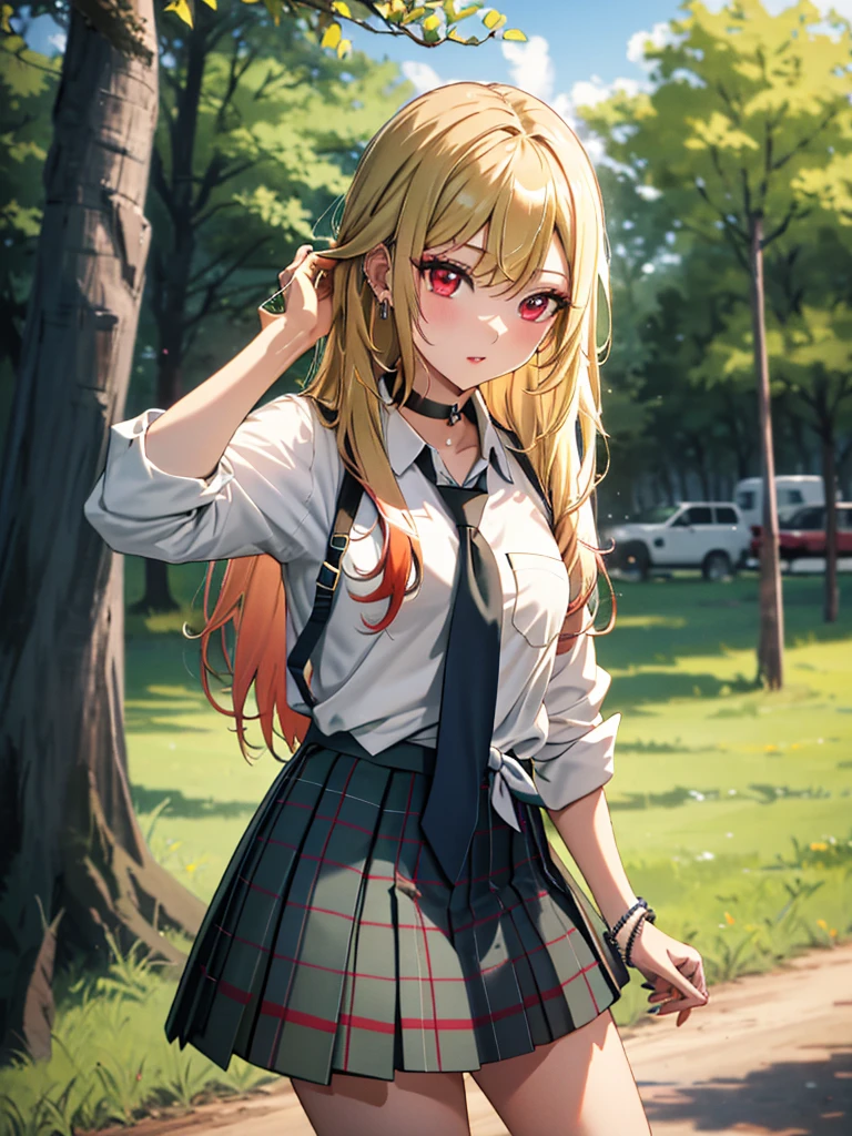 Outdoor Camping、camp site、tent、bonfire、Vision、kitagawa marin, 1girl, blonde hair, long hair, multicolored hair, red eyes, jewelry, earrings, piercing, , white shirt, tied shirt, black choker, blue necktie, plaid skirt, UHD, retina, ccurate, masterpiece, anatomically correct, textured skin, super detail, high details, high quality, best quality, highres, 8k, 