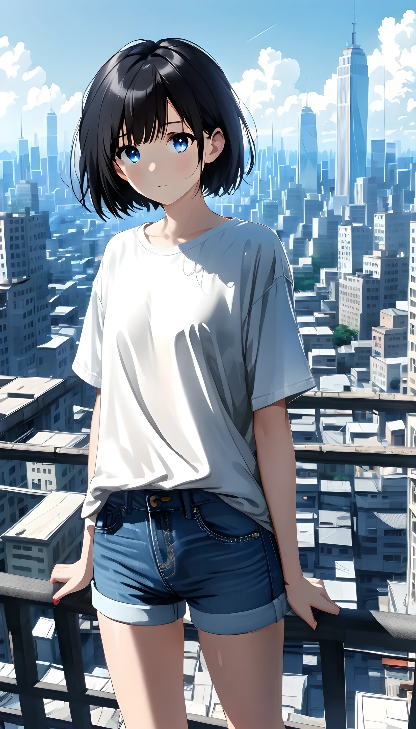 1girl, short black hair, blue eyes, wearing plain white shirt, denim shorts, city, absurdres, high res, ultrasharp, 8K, masterpiece, looking at viewer