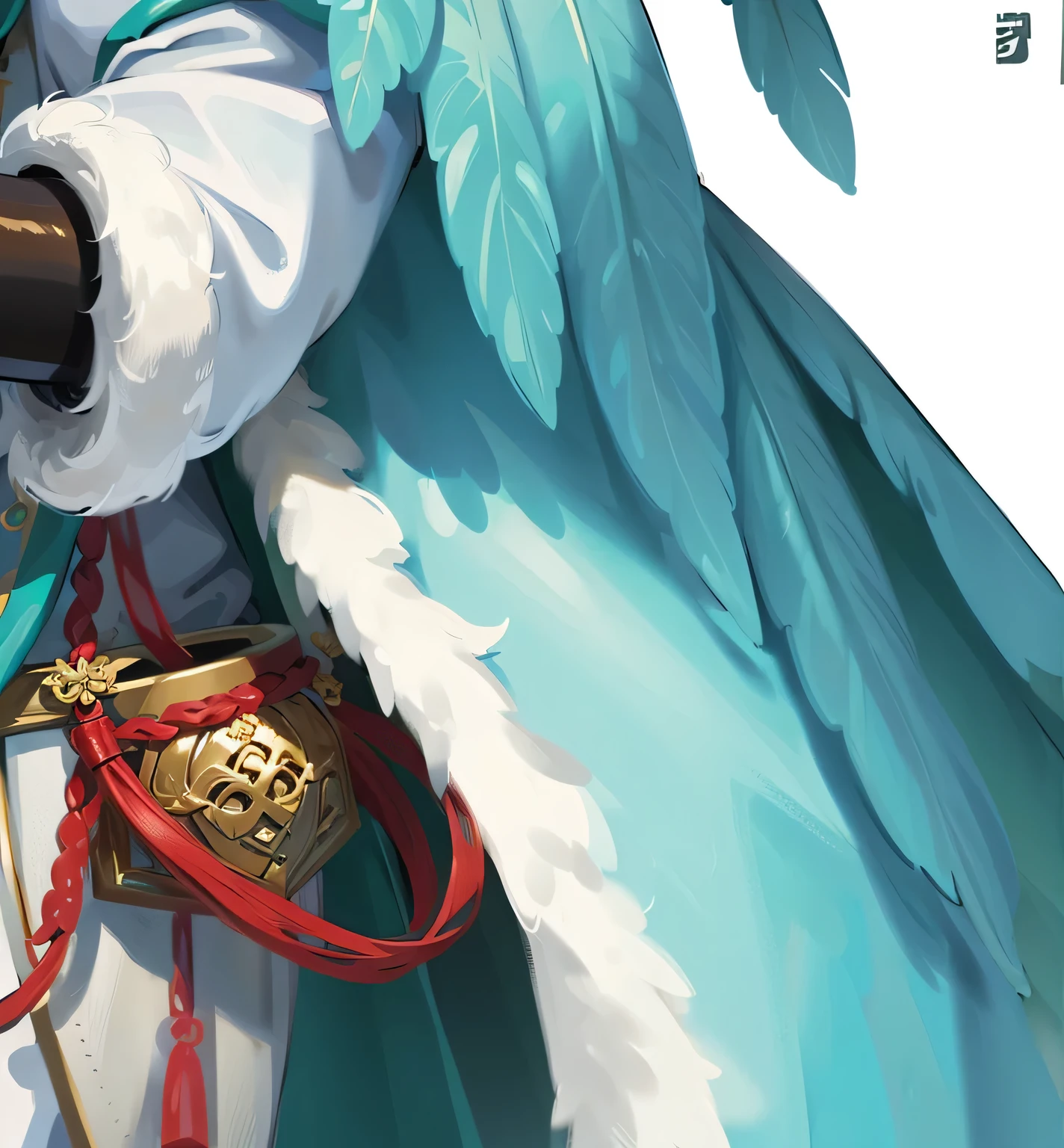 ((masterpiece, best quality)), Rich in details,, Very detailed, depth, Many parts,Wearing white、Green clothes,Behind him is a cyan and gold cloak,Epic and beautiful character art, Amazing Characters,Chinese style,feathered cape,Fur collar