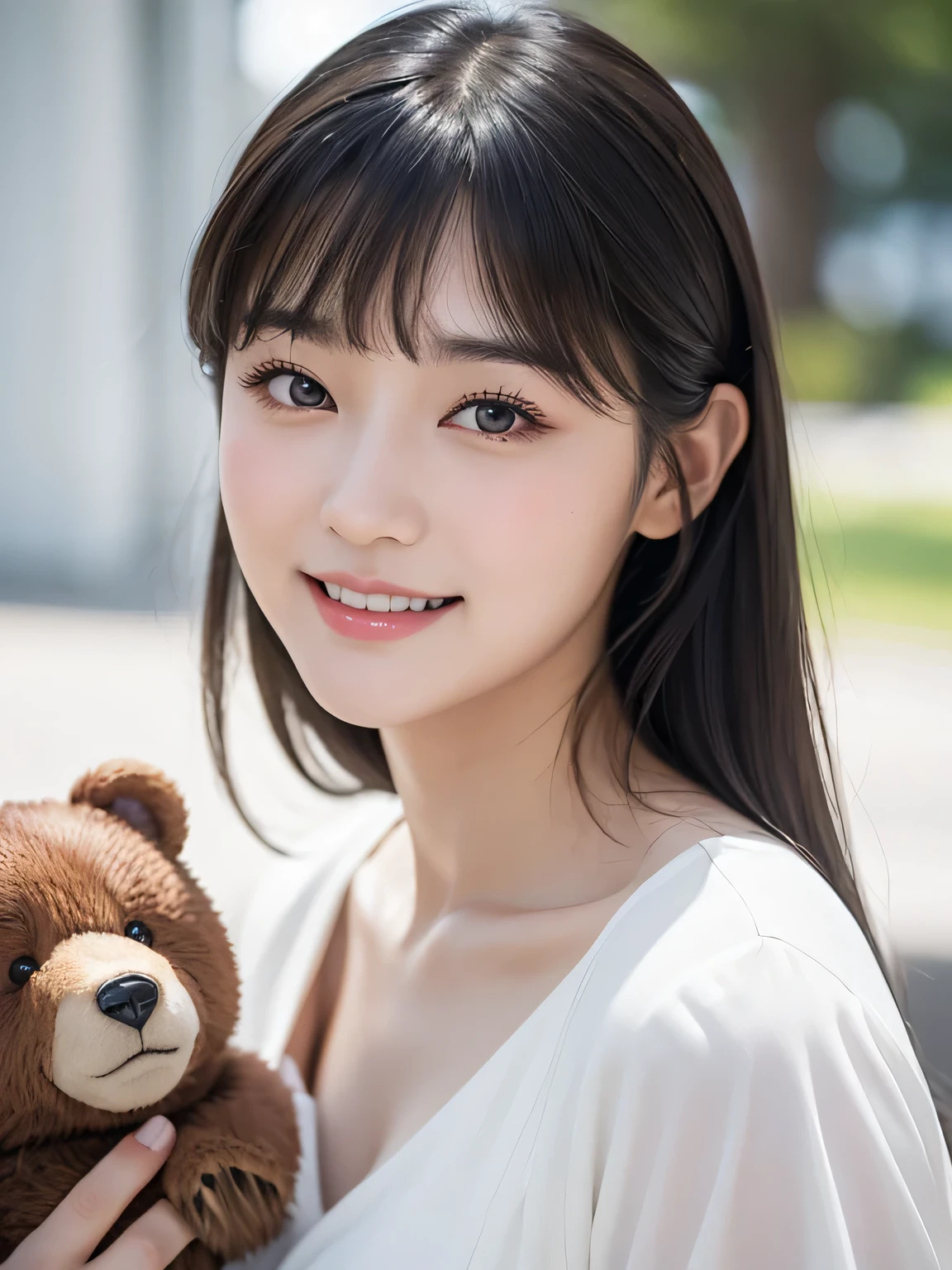 Japanese face,Beauty,Girl,bear,Worried brow,Slanted Eyes,Fair skin,With bangs,beautiful,White dress,Double eyelids,round face,Pause,laughing,Gal,Gray Hair,Bear under the eyes
