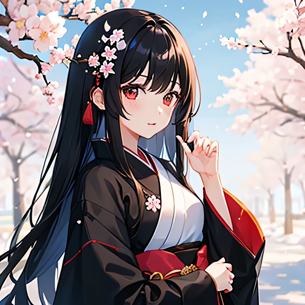 Girl, Cherry blossoms, black hair, long hair, Straight Hair, snow, Black, Black clothes, Japanese clothing