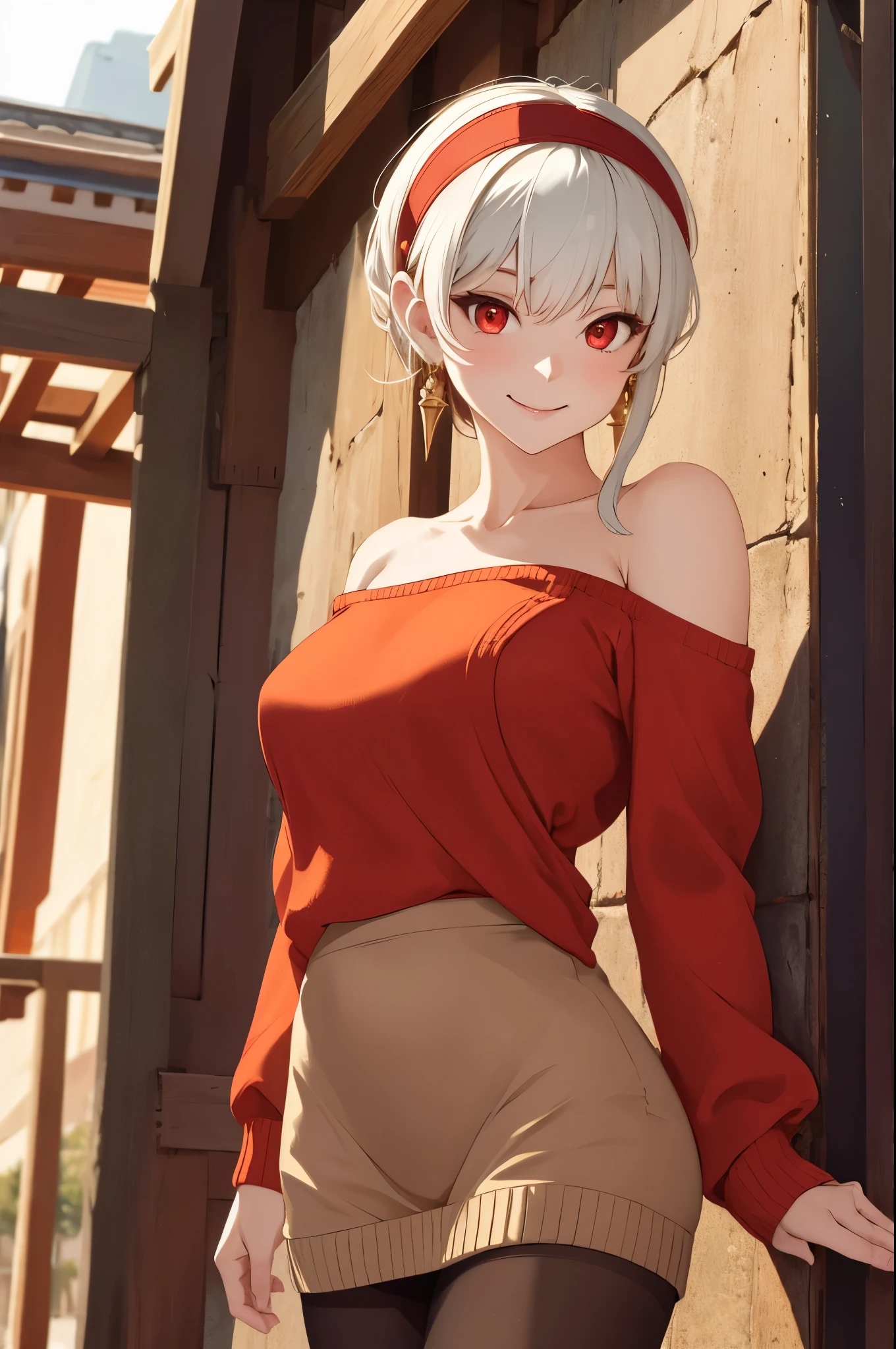 masterpiece, best quality, highres, bbyorf, short hair with long locks, white hairband, red eyes, gold earrings, large breasts, jewelry, off shoulder, Red sweater, sweater dress, long sleeves, black pantyhose, outdoors, standing cowboy shot, smile
