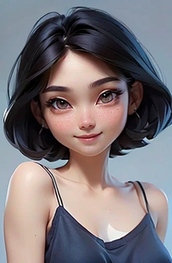 (masterpiece), (8k, best quality, high resolution), (ultra-detailed, realistic), (anatomically correct),  
((from above)), ((look up and see the viewer)), 
((face close-up)), (Standing), (No background),
(1woman),   
(A Japanese woman, 30 years old and 155cm tall.), 
((Create a detailed image of the eye)), ((dark brown eyes)), 
(((Wear a navy blue tunic camisole))), ((A camisole without decoration.)),  
(black hair), (straight hair), (short hair style), ((bob cut)), 
(((One large mole on the corner of the right eye))), 
((smile broadly)), 
(Her impression is pure, clean and kind.),
