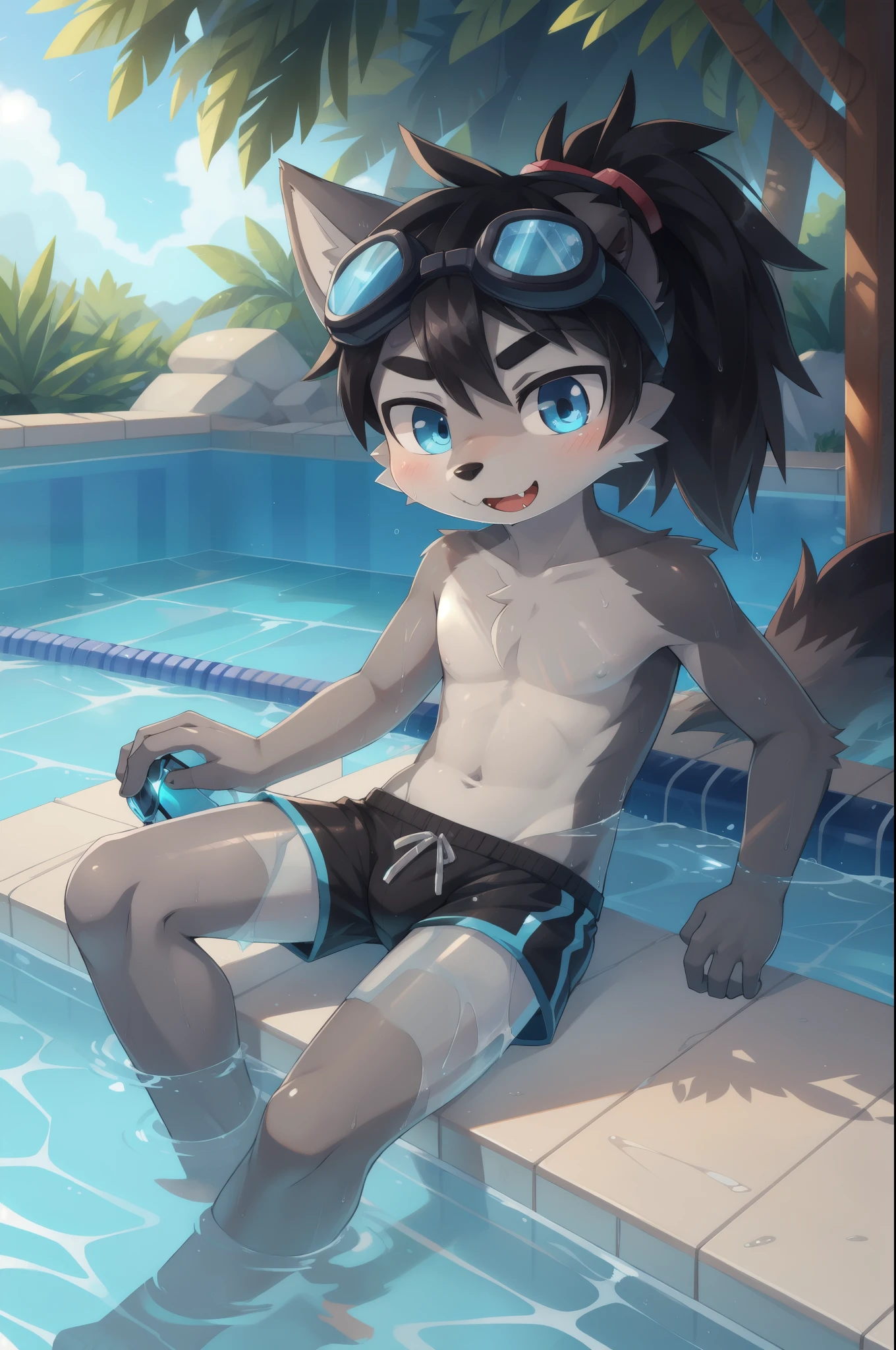Furry shota, wolf, black hair, long spiky ponytail, blue eyes, detailed body fur, ((swim goggles, black swim trunks)), masterpiece, looking at you, fangs, clear grey body fur, detailed face, big eyebrows, detailed eyes, detailed body, detailed body fur, detailed hands, flat body, glistering body, shiny body, skinny, :3, glow throughout the scene, dynamic angle, pool, sitting, clear sky, wet body,