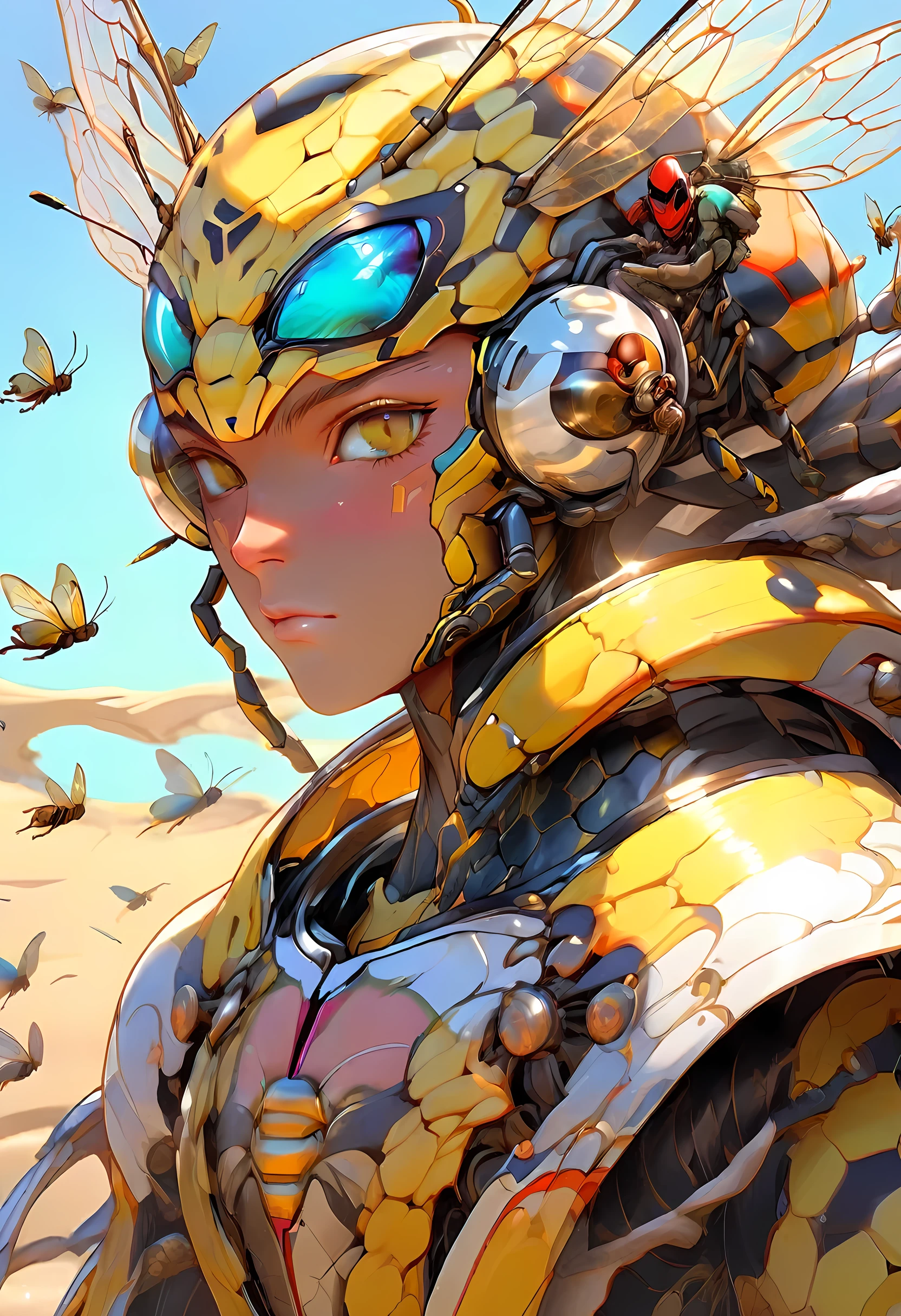 ((absurdres)) perfect whole body, ultra photorealistic, top quality, Photorealistic, ((16k UHD)) High Definition, high-res, ultra sharp, masterpiece, the best quality, intricate details, detailed eyes, perfect face detailed face, (((in the sandy desert))) orange goggles, masterpiece, highly detailed exquisite character art, perfectly detailed anatomy, detailed body, detailed pecs, hyper pecs, thick thighs, (((sunny weather))) (((natural lights))), ultra-realistic, (((1male))) ((tall muscular man male humanoid)), bald, humanoid yellow skin, bee anatomy, deity, god of honey bees, humanoid black & yellow skin tone, yellow hue, powerful humanoid appearance, compound eyes, stinger, abdomen, metallic scales, scales. Metallic armour, wings, elf ears, glossy skin, large smirking face, flying in the sky, mandibles, Antenna, honey, ((male muscular stripe black & yellow humanoid insect honey bee)) (((yellow skin))), (((black skin)))