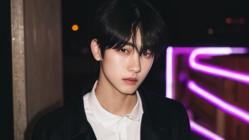 (Highly realistic photos, concentrate、High resolution, Detailed face, Detailed Hair,fine grain), ((Shooting in front of a wall))、Japanese men, 20-year-old, One boy,Only one person is in the photo、Natural look、                                                   Upper body portrait,masterpiece,Kim Tae-hyung,Kim Taehyung\(BTS\),Stage makeup,Fair skin,Broad shoulders:1.5,(Black Hair, :1.2),((Wearing a black jacket)), shy,The intense neon lighting casts dynamic, colorful shadows on her face, emphasizing the lively energy of Tokyo's night life --ar 3:4 --style raw --stylize 250