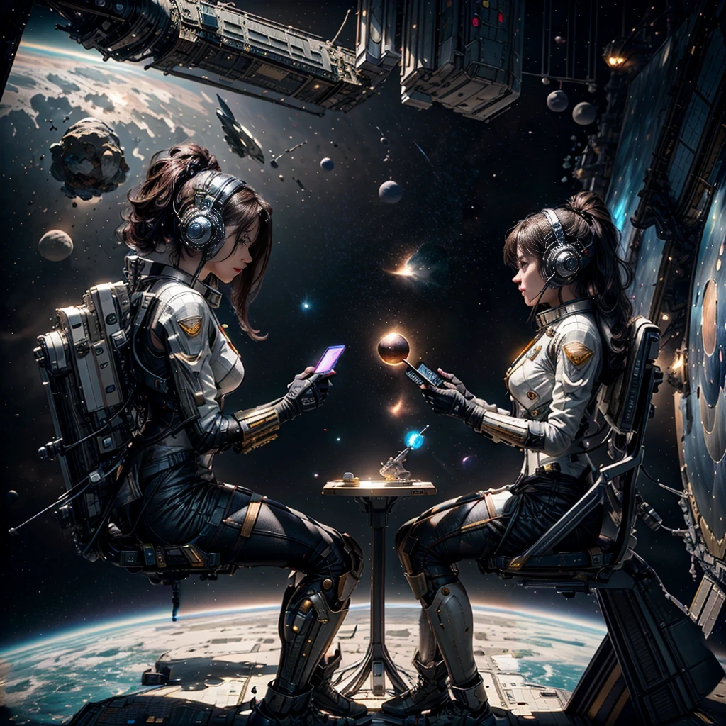 sideback view of male pilot looking half-turned at viewer and holding holographic navigation device in hands, sitting in chair in cockpit of spacecraft in deep space, Masterpiece, best quality, (highly detailed CG unity 8k wallpaper), (best quality), (best illustration), (best shadows), isometric 3D , octane rendering, ray tracing, highly detailed, sci-fi