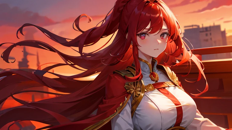 girl with red long hair, hair tied up, eyes upturned, cool girl, big golden horn, sexy red royal clothes, 8k resolution, red sky