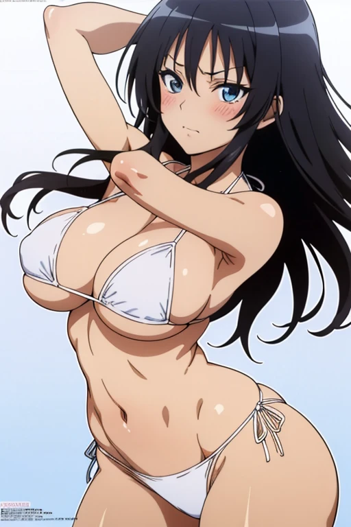 (masutepiece, Best Quality, High resolution, anime colours, megami magazine:1.2, anime poster style, anime keyvisual, sharp, 8k, photorealistic), (beautiful eyes:1.5, beautiful face), Kotegawa Yui, 1girl, solo, Cute, blush, (Long Black Hair), (sagging huge breasts, sideboob, underboob), (white bikini), cleavage, (cowboy shot, standing), (Perfect detailed Anatomy, beautiful detailed hair, perfect detailed body:1.2, shiny skin), (thick outline, Beautiful outlines, black outlines), simple background,