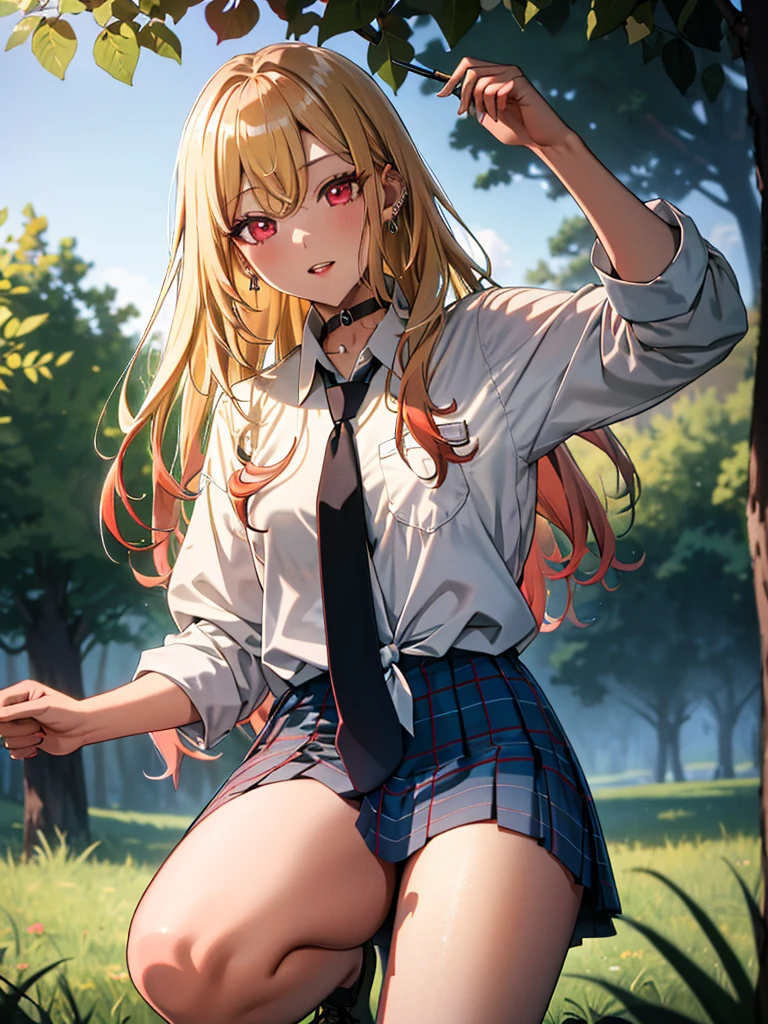 Outdoor Camping、camp site、tent、bonfire、squat、Vision、kitagawa marin, 1girl, blonde hair, long hair, multicolored hair, red eyes, jewelry, earrings, piercing, , white shirt, tied shirt, black choker, blue necktie, plaid skirt, UHD, retina, ccurate, masterpiece, anatomically correct, textured skin, super detail, high details, high quality, best quality, highres, 8k,