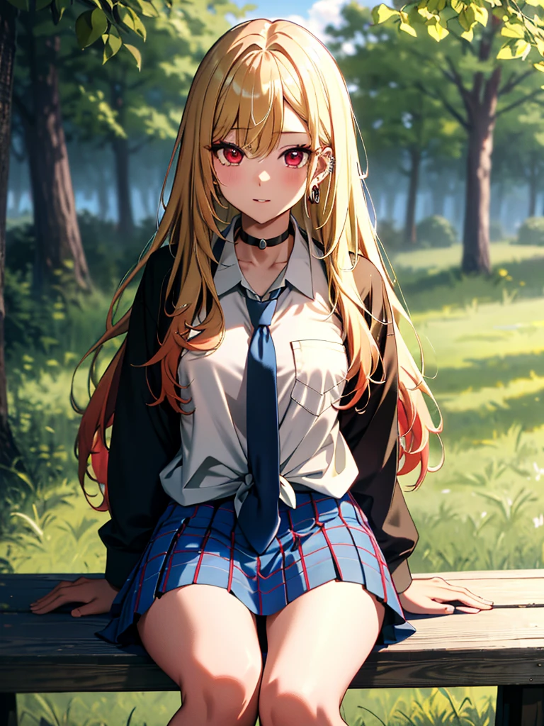 Outdoor Camping、camp site、tent、bonfire、squat、Vision、kitagawa marin, 1girl, blonde hair, long hair, multicolored hair, red eyes, jewelry, earrings, piercing, , white shirt, tied shirt, black choker, blue necktie, plaid skirt, UHD, retina, ccurate, masterpiece, anatomically correct, textured skin, super detail, high details, high quality, best quality, highres, 8k, 