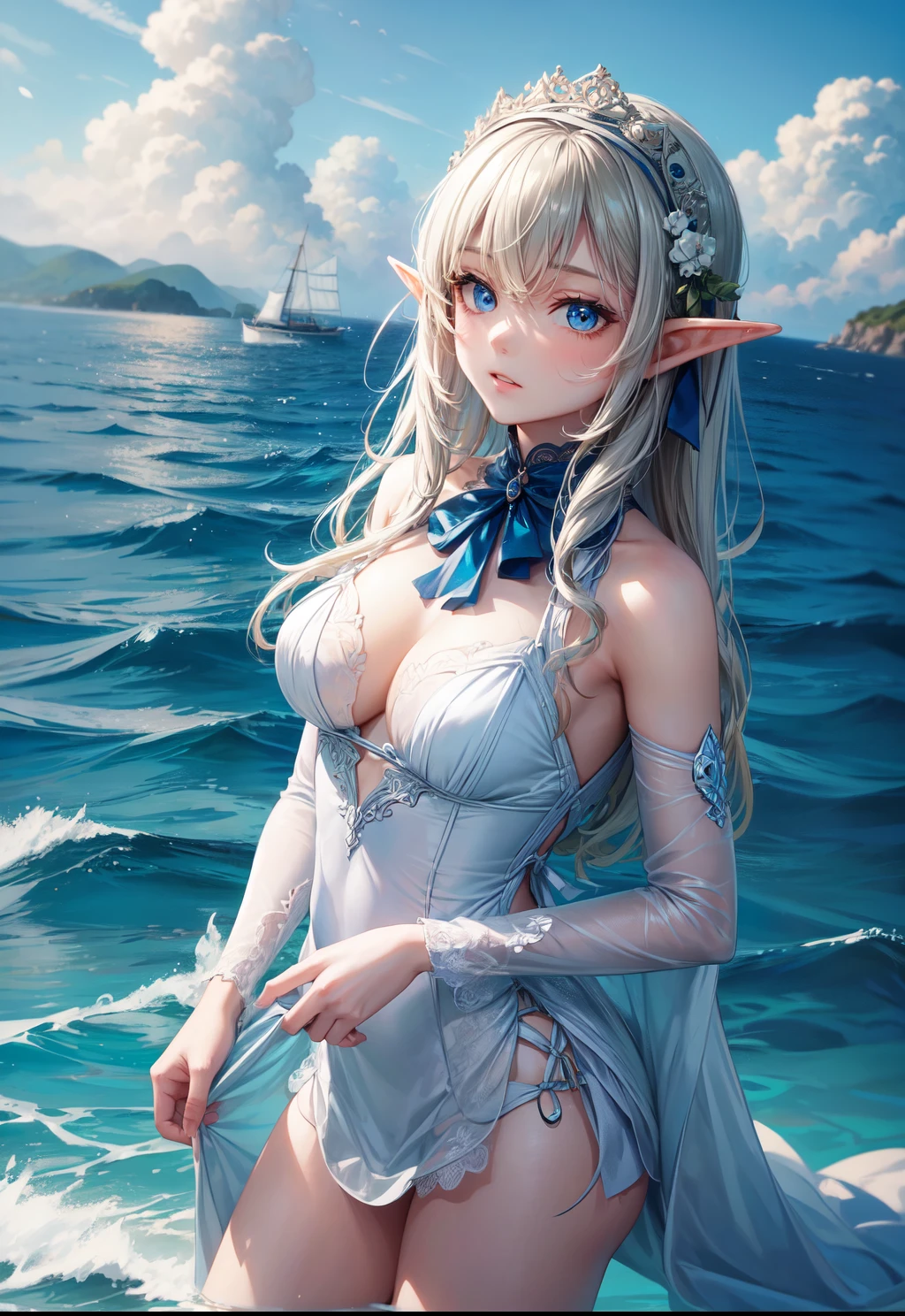 1 girl, (alone:1.3), ditch,((best quality)), ((masterpiece)), (detailed), perfect face, elf, young, in deep of the sea , Outdoor activities, suit, holding one&#39;s legs, certainly(blue file), big breasts,  blue green hair, braid, folded ponytail, Headband,,sexy 