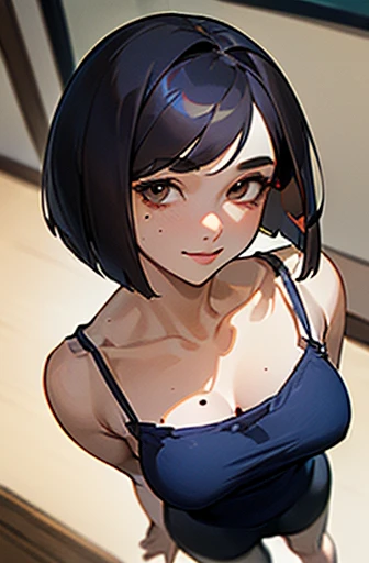 (masterpiece), (8k, best quality, high resolution), (ultra-detailed, realistic), (anatomically correct),
((from above)), ((look up and see the viewer)),
((face close-up)), (Standing), (No background),
(1woman),
(A Japanese woman, 30 years old and 155cm tall.),
((Create a detailed image of the eye)), ((dark brown eyes)),
(((Wear a navy blue tunic camisole))), ((A camisole without decoration.)),
(black hair), (straight hair), (short hair style), ((bob cut)),
(((One large mole on the corner of the right eye))),
((smile broadly)),
(Her impression is pure, clean and kind.),