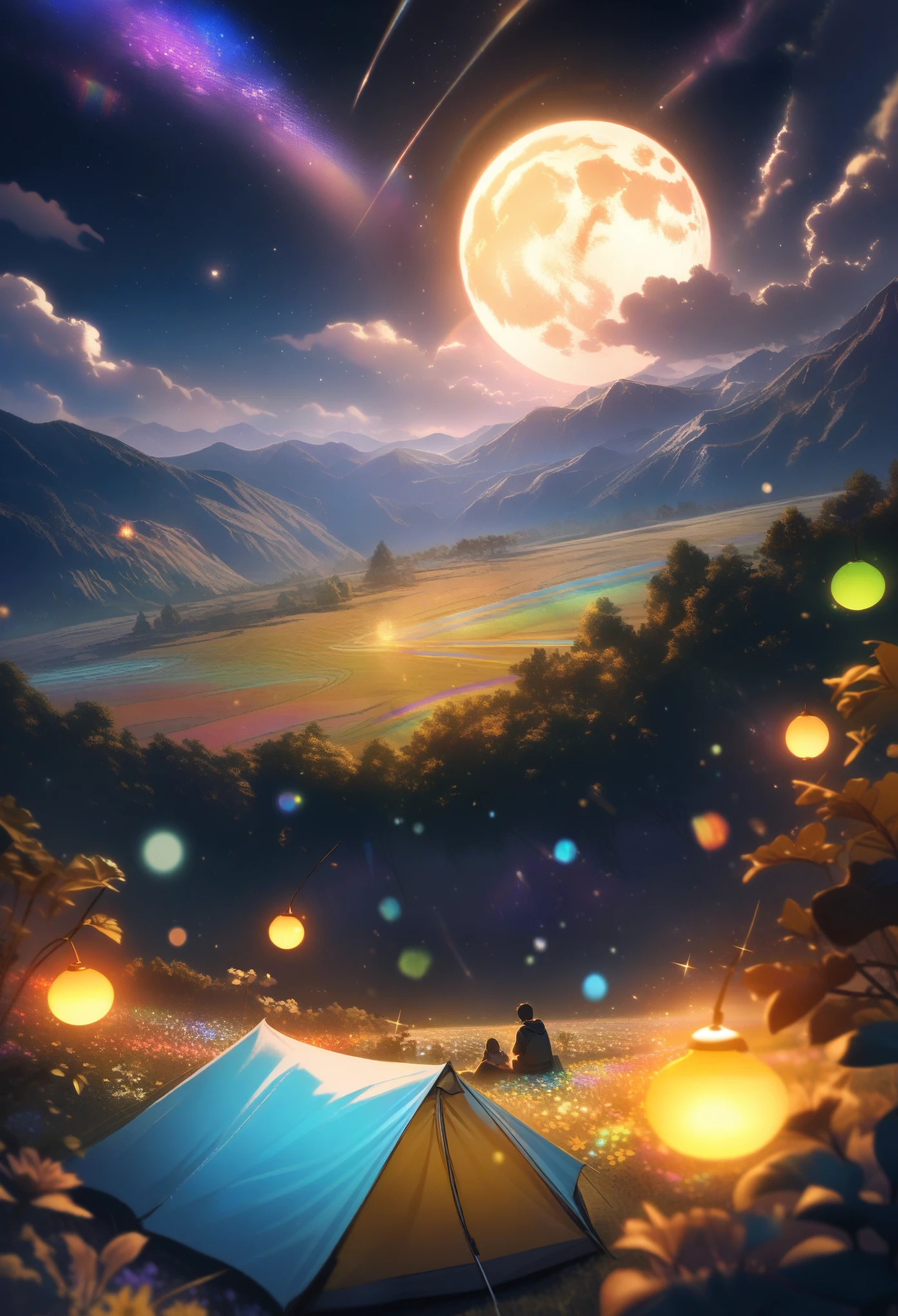Comfortable campsite, Outdoor Camping, (tent), flashing, H, View Viewer, Solo Focus, Dynamic angle, Ultra-fine, Depth of Field, Wide-angle lens, Wide-ranging landscape photos ,( The field below as seen from above), Man sitting on flower field, (Full Moon), (meteor), (nebula), Distant Mountains, Tree , making art, (Warm light source), (firefly), lamp, Intricate details, Volumetric Lighting , (best quality), Extremely detailed, (dynamic composition), Very detailed, rich and colorful details,( Rainbow Colors), (Luminous lighting, Atmospheric lighting), Dreamy, magic, lens flare, (rich and colorful), lamp光, high resolution, Clear focus, Smooth, rich and colorful light, particle, Galaxy color scheme
