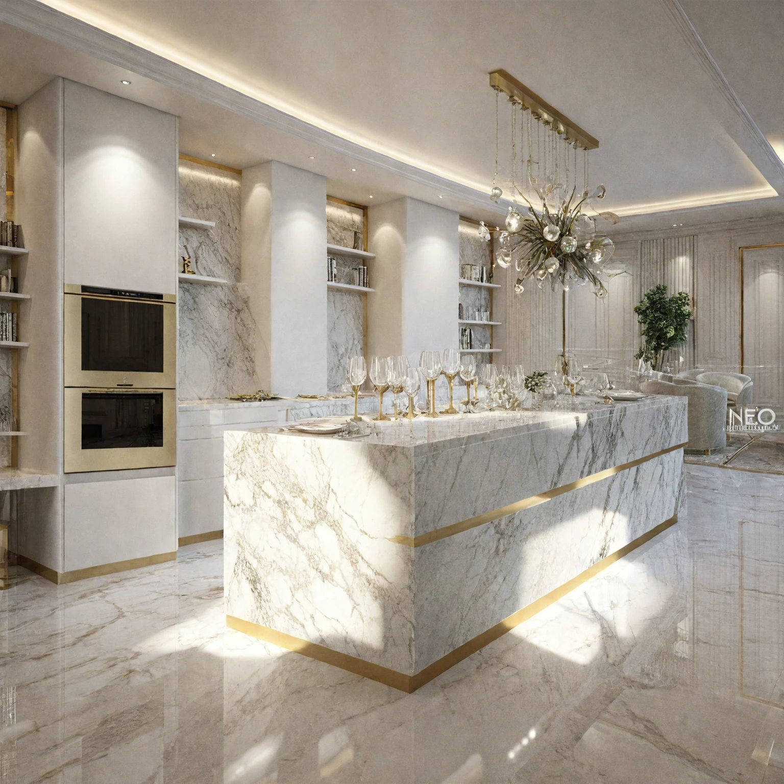 there is a dining room with a marble table and chairs, luxury condo interior, high quality rendering, precise architectural rendering, elegant and refined, high-quality render, insanely detailed rendering, award-winning render, high quality 3 d render, high quality 3d render, realistic physical rendering, luxury hd render, neo - classical, neo-classical, professional 3d render