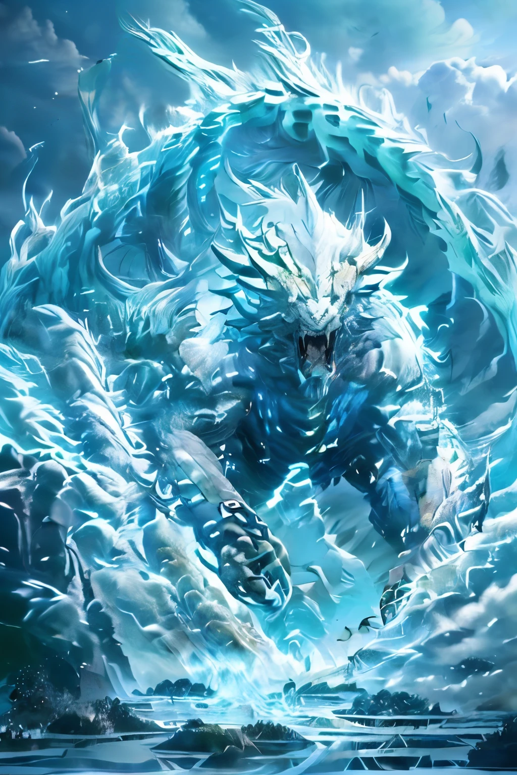 A large, reptilian monster named Frostfrill with blue-white icy scales covering its body, in a dynamic hunting scene. Frostfrill has ice crystals growing from its back and a sharp ice blade-like tail. Its clear blue eyes emit a cold light as it uses its icy breath to freeze a fish beneath the ice. The monster is mid-action, breaking through the ice with its powerful tail, in a frozen tundra with icy glaciers and a snow-covered landscape. The background features a harsh, snowy environment with a winter storm brewing.