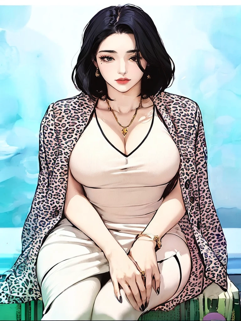 a woman sitting on a bench with a leopard print jacket, in the art style of bowater, with black hair and big breast