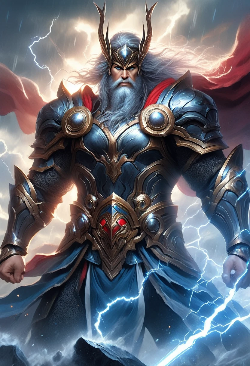 ((Heroic Fantasy)) Painting, torso shot, medium shot, (((God of thunder and justice))) best quality, ultra-high resolution, 4K detailed CG, masterpiece, long hair and beard, Norse Mythology, heroic fantasy epic painting style, Fantasy style aesthetic