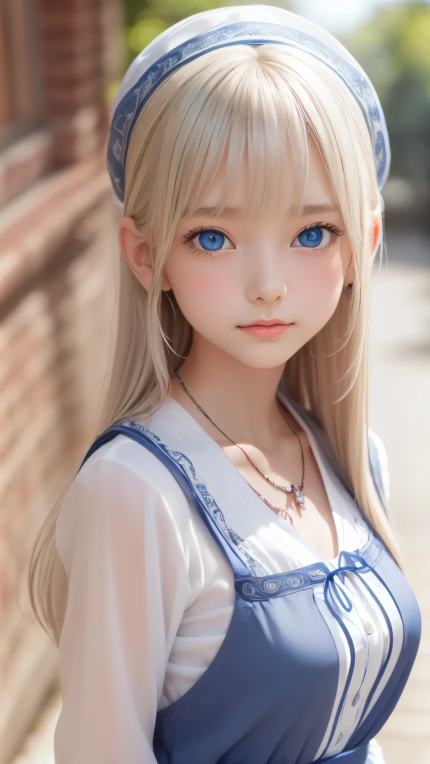 ((detailed face, cute face)), (She is wearing a long white embroidered skirt, a red blouse with lace, a white apron tied around her waist, blue socks, and brown leather shoes, blue scarf is on her head. Yes, her accessories include necklaces, earrings, and bracelets. 1 Girl)), Ultra High Resolution, (Realistic: 1.4), RAW Photo, Best Quality, (Photorealistic Stick), Focus, Soft Light, ((15 years old)), ((Shiny platinum blonde silk super long straight hair, beautiful shiny bangs, big clear sky blue eyes, very beautiful bright eye highlights )), (( (young face))), (surface), (depth of field), masterpiece, (realistic), woman, bangs, ((1 girl))