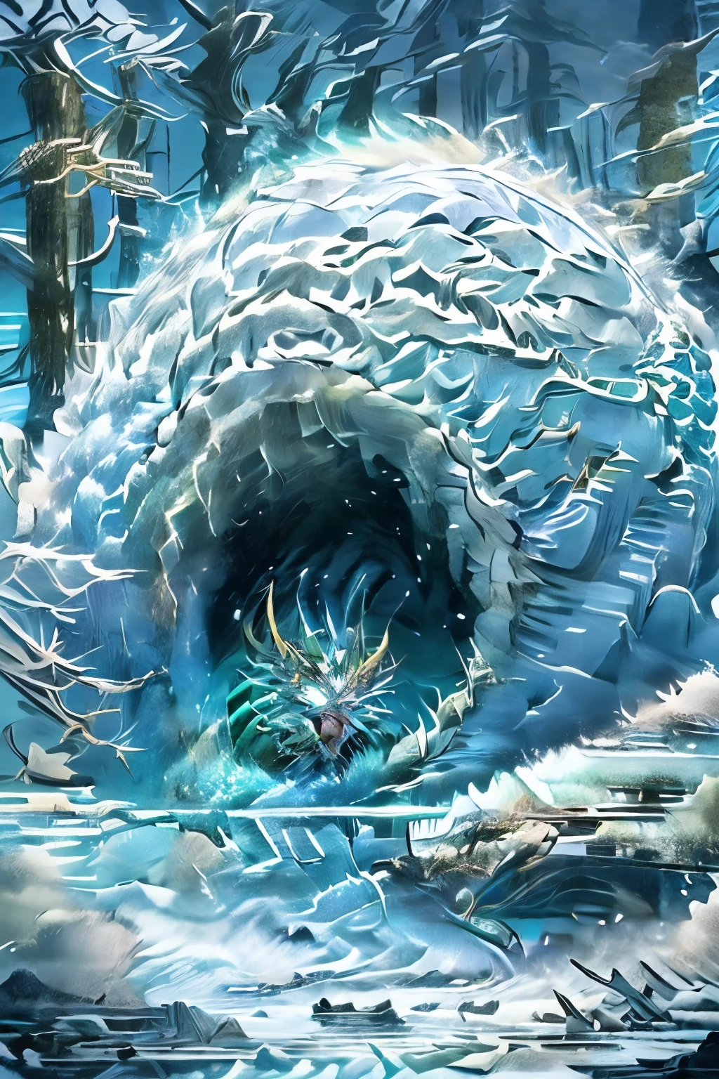 Scene 3: Frostfrill Nurturing Its Young
"A large, reptilian monster named Frostfrill with blue-white icy scales and ice crystals growing from its back, shown nurturing its young. Frostfrill's clear blue eyes emit a cold light as it tends to its hatchlings, which have smaller, softer icy scales. The scene is set in a cozy nest made of snow and ice, with a protective cave nearby. The background features a peaceful snowy landscape with light snowfall."