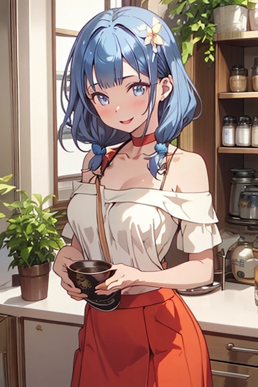 (dynamic angle:1.3, front view:1.1, breast focus:1.3, from below:1.2), (dynamic posing:1.5, sexy posing:1.3, leaning forward), (seductive smiling:1.3),masterpiece, 1girl, (pointed chest:1.3), cleavage:1.1,(double breasted:1.2,under bust:1.2), Amazing Cleavage:1.3, thin waist, cute ass, Raised sexy, (small breast: 1.4) posed cleavage:1.2、solo, looking at viewer, open mouth, have a grass of beergrass,black hair, blue eyes, bare shoulders, jewelry, collarbone, sidelocks, hairband, earrings, indoors, (red off shoulder sweater dress:1.3,skirts:1.2), arms behind back, short hair with long locks, blue white hairband, big side hair, very long side hair is rendered in (masterpiece: 1.2, best quality), with (ultra high resolution) and an exquisite (depth of field). This masterpiece is not only visually stunning but also tells, a scene of cooking in the kitchen
