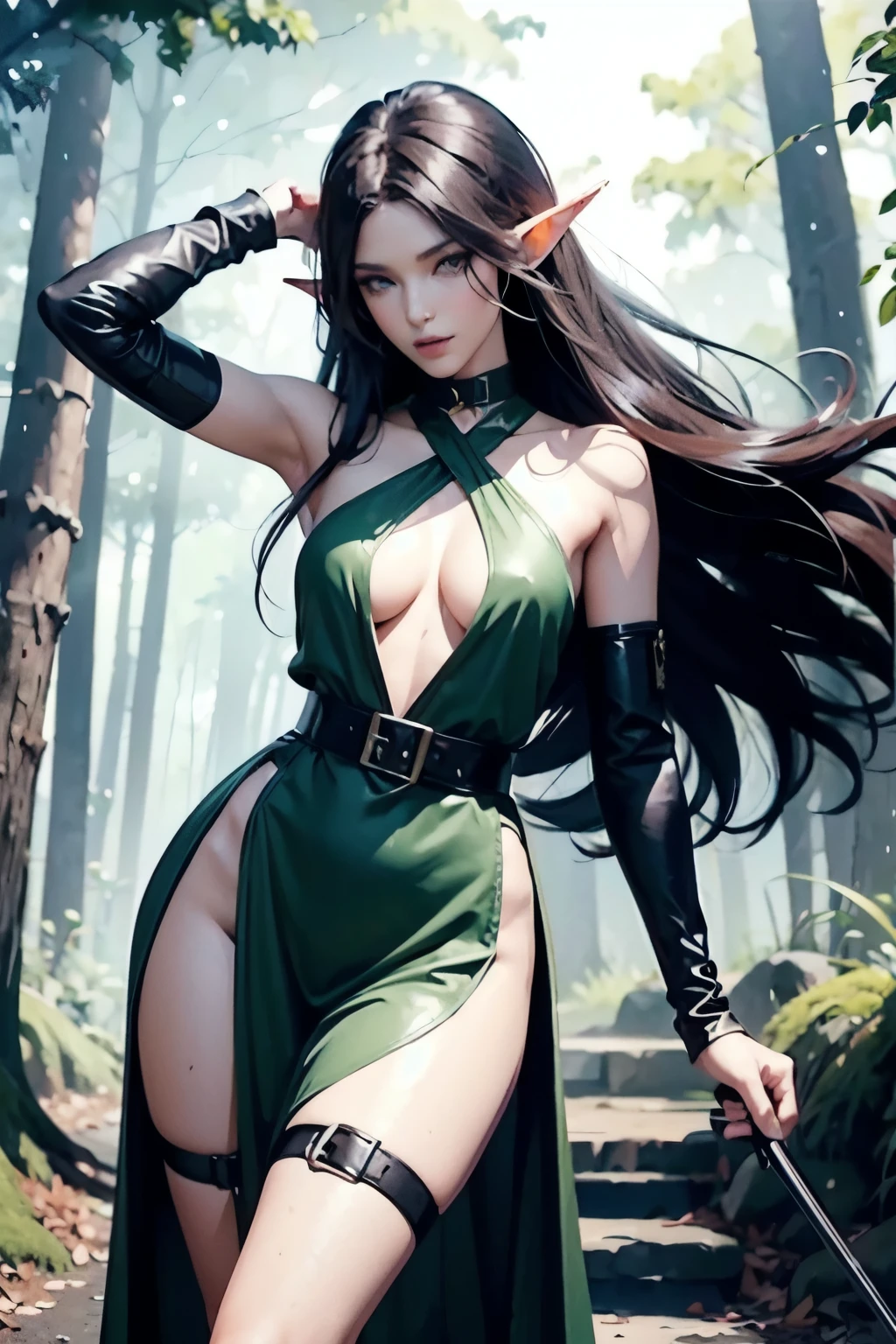 full body picture, anime style, female sexy elf ranger in fantasy forest, beautiful raven-haired elf woman, round hips, slender waist and shoulders, small perky chest, green double slit ranger uniform mini-dress with upper part bodice-style shoulderless, same length double slits on dress, thigh-high black belted leather stiletto high heeled belted boots, stiletto thigh-high leather high-heeled belted boots, leather gloves, green bandana tied over hair, brown belt on waist, long raven colored hair, green eyes, sultry smile, dark lips, dark lipstick, black eyeshadow, extreme detail description,professional,vivid colors,Natural and vibrant colors with a dreamy atmosphere,