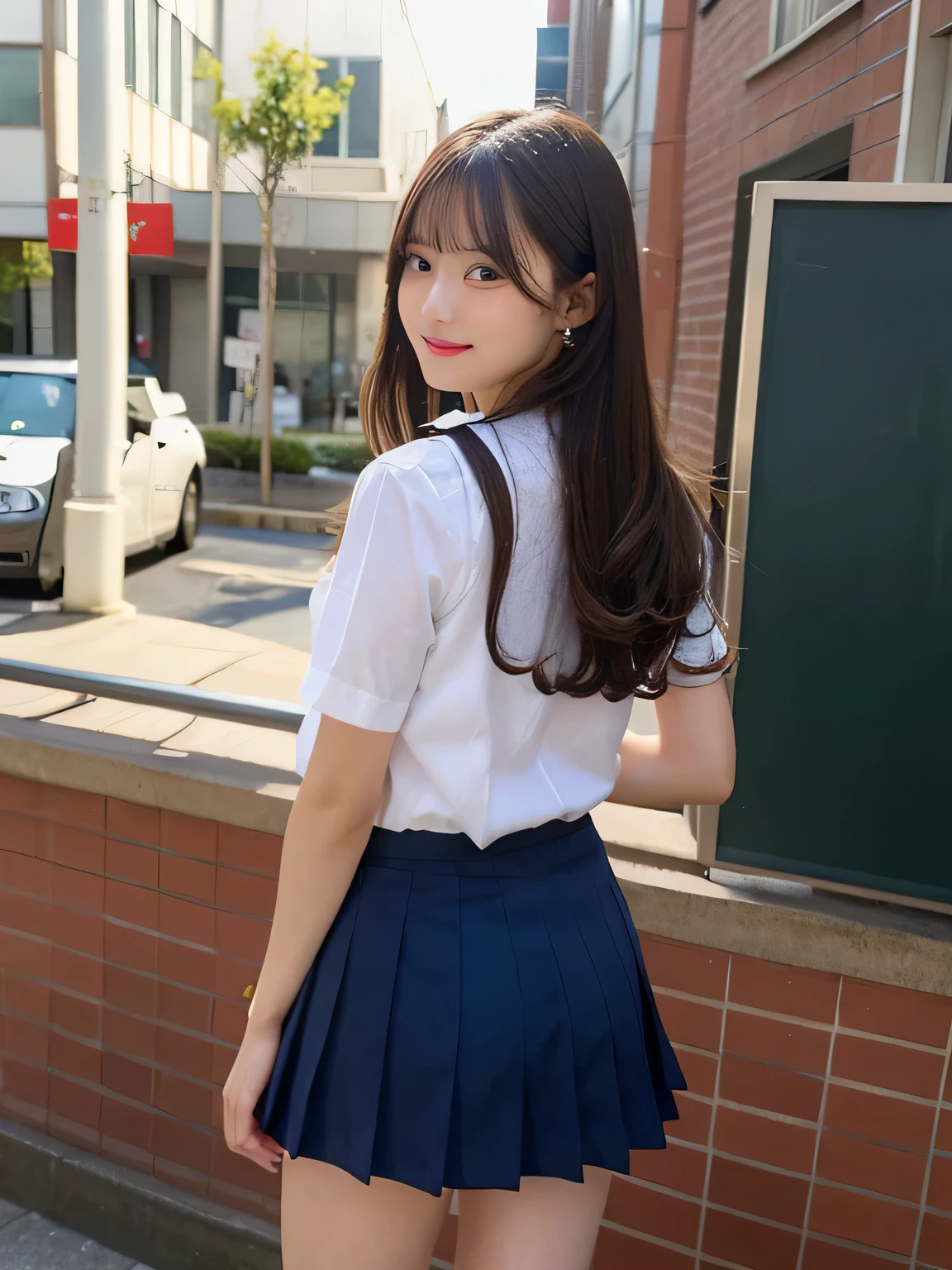 highest quality、figure、Back view、Show your back、The face is facing straight ahead、Stick your butt out、sexy、Ultra-detailed、High resolution、8k wallpaper、Perfect dynamic composition,、Beautiful fine details、Natural color lip、Bold sexy pose、smile、15-year-old girl、cute、Sexy shot looking at the camera、(highest quality: 1.3), (masterpiece: 1.3), (Super Detail: 1.3), (One Girl: 1.1), (Detailed hands and fingers:1.2)、(Ultra-oily, lustrous skin with attention to detail:1.1)、Oily、(The perfect school girl uniform:1.3)、Short-sleeved shirt with front opening、Cleavage、sexy、(Beautiful shapely small breasts:1.3)、(Navy blue mini skirt:1.2)、I can see your thighs、Brown Hair、Very Short Hair、Beautiful sister、Red Wall,sexy、I can see your thighs、