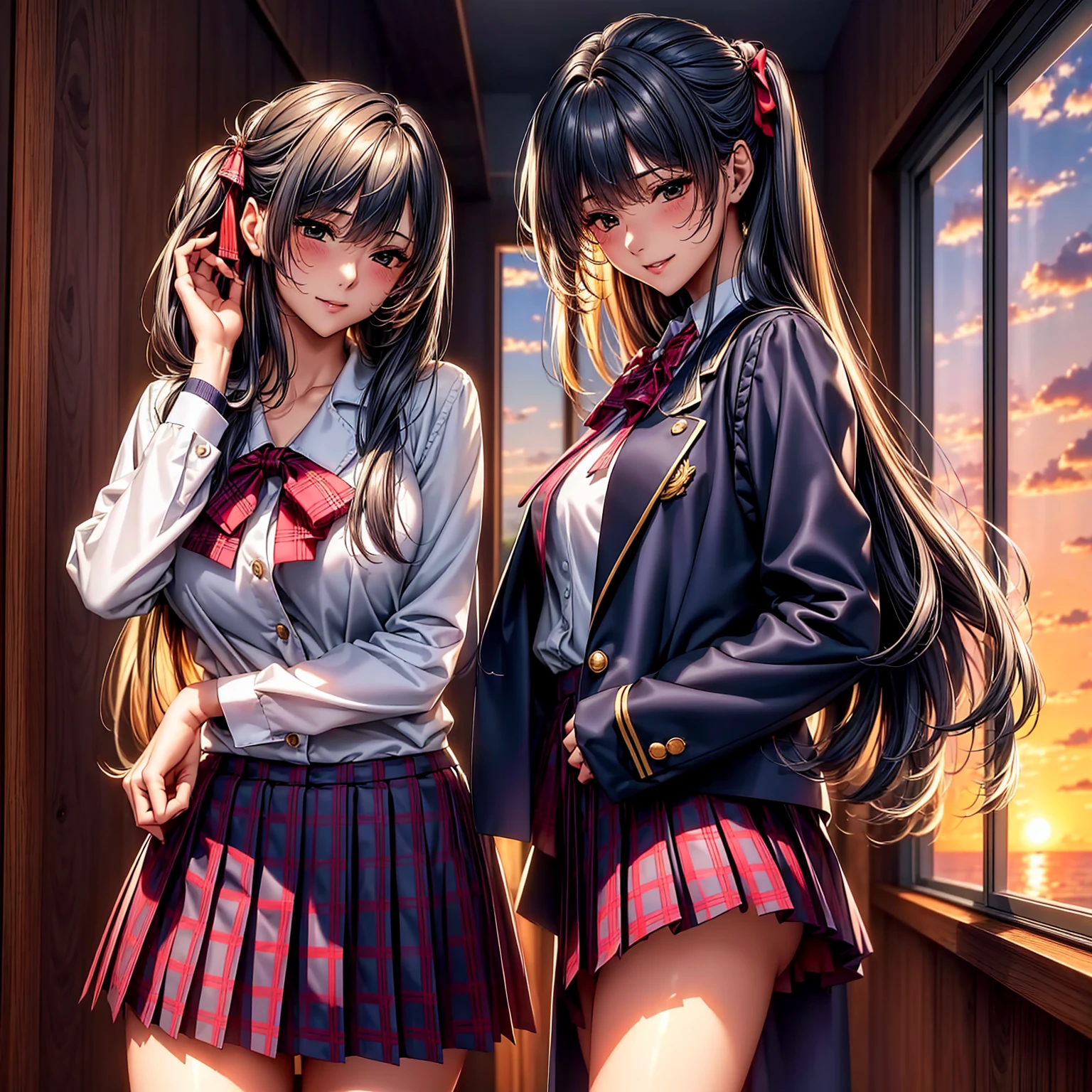 (((highest quality、masterpiece、Very high resolution、Highly detailed images)))、(One beautiful beautiful girl:Talented and colorful:18-year-old,Beautiful body:Slender and beautiful F cup breasts、Beautiful Face:smile、Beautiful Hair:Mr.々Hair style,Best skin and hair texture)、(((High School Uniform:White shirt:ribbon:Navy Blue Blazer:Red plaid pleated skirt))),School:corridor:Beautiful sunset from the window,Natural light,(Beautiful pose:Model shoot),Student Council President,Sublime Dreams,Beauty Painting,Overall image、Beautiful images,Accurate Images、Accurate anatomy、Flawless images,Perfect Image,Overall image,(Best Shot,RAW Photos:1.2) Tabletop, highest quality, Photorealistic, In detail, 8k wallpaper, Perfect dynamic composition, Beautiful fine details,
