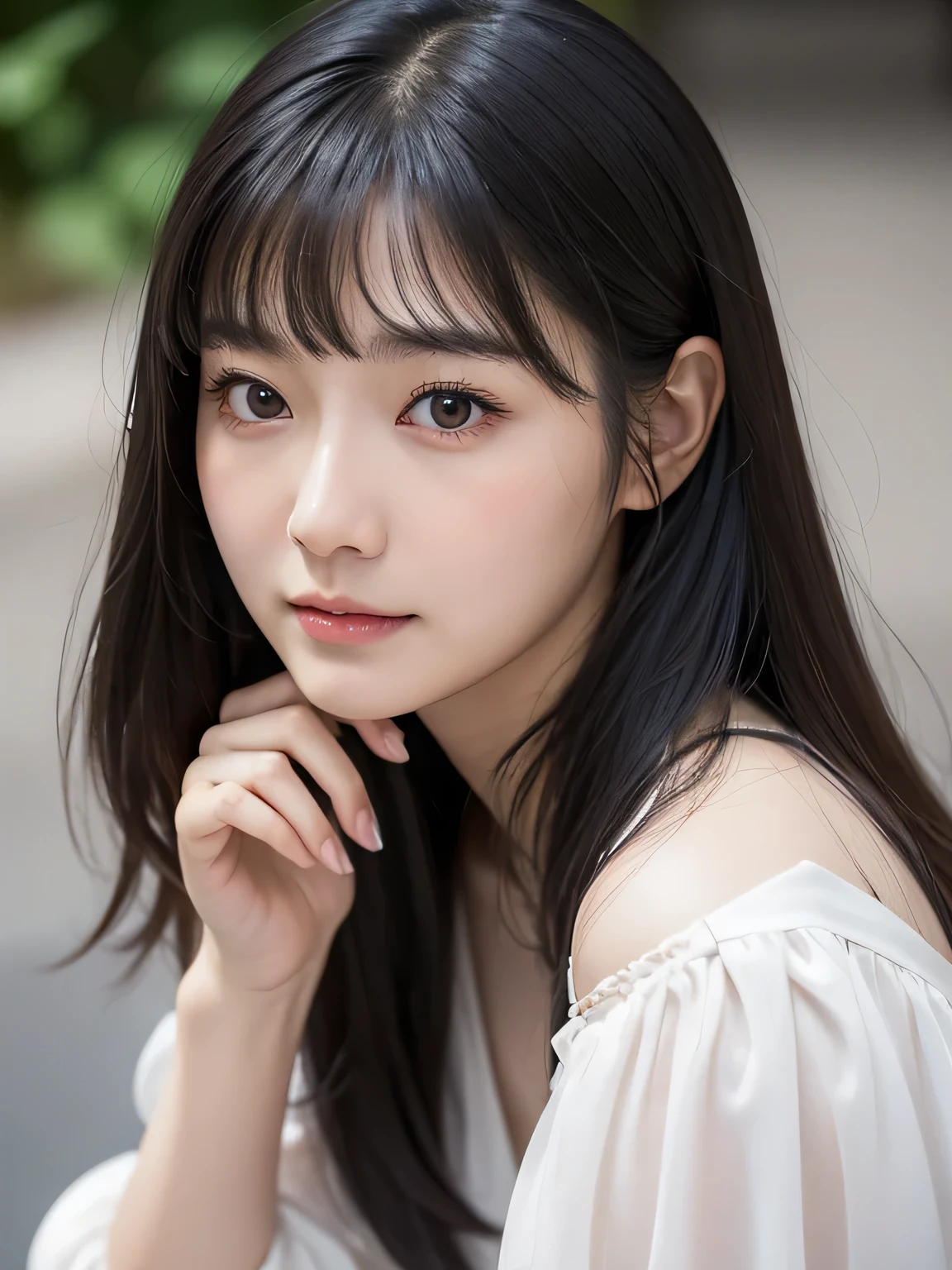 Japanese face,Beauty,Girl,bear,Worried brow,Slanted Eyes,Fair skin,With bangs,beautiful,White dress,Double eyelids,round face,Pause,laughing,Gal,Gray Hair,Dark circles under the eyes,round face,Raccoon face,