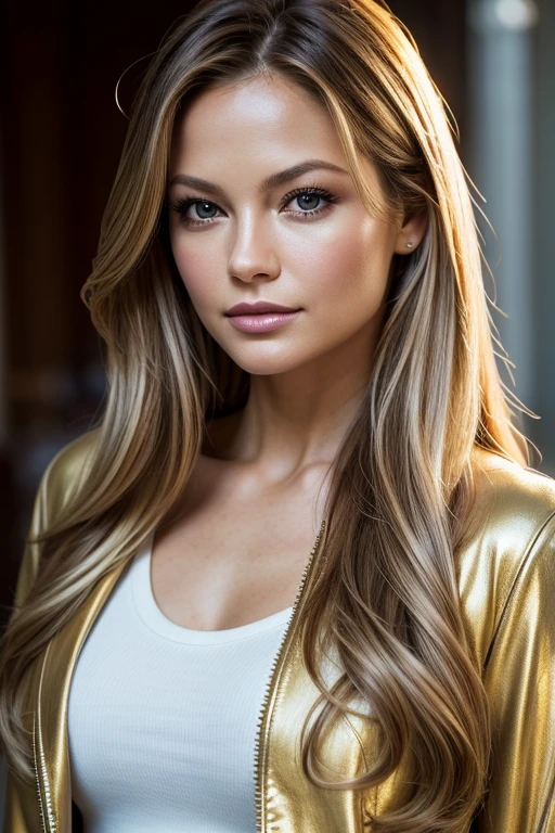 (high quality, realistic:1.2), portrait, beautiful flowing hair, beautiful Becki Newton, wearing a sexy jacket, detailed eyes, luscious lips, sensual gaze, luxurious texture, shimmering highlights, soft shadows, subtle smile, impeccable makeup, perfect skin tone, varied golden hues, mesmerizing presence, extraordinary attention to detail, immaculate shading, flawless complexion, expressive eyebrows, long eyelashes, graceful pose, stylish and confident demeanor, striking contrast between the jacket and hair, professional photography, rich color palette, subdued lighting, subtle bokeh effects, glowing complexion, meticulously crafted features, exquisite realism, artistic sophistication.