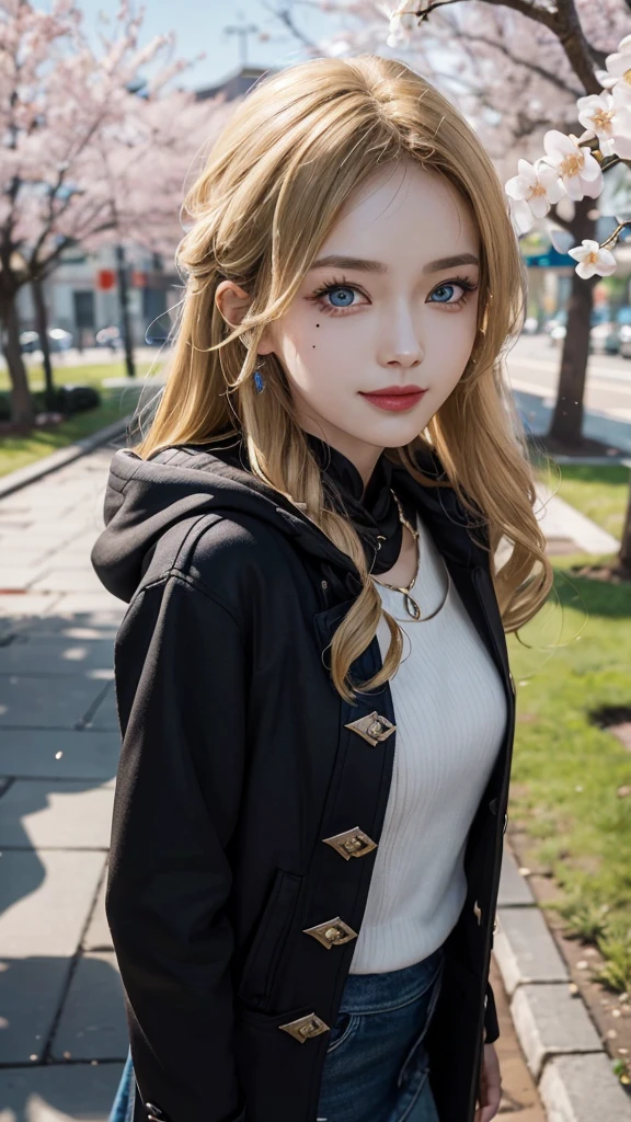 1 Girl，coat，hood，Jacket，（（粗呢coat）），Lips，Lipstick，lattice，lattice裙，Reality，skirt，Solitary，Standing，best quality，Photo Realism，masterpiece，8K，high resolution，Solitary，（（（Miss） ))、(Medium bust)、((looking at the audience))、(looking at camera)、(long hair、blond)、(Professional lighting、Blurred Background)、Top view、The facial details are extremely rich、Stylish and trendy atmosphere、Japan，street，garden，river，Cherry blossoms，（（daytime）），（portrait：0.6），诱人的Smile，Gorgeous，Flowing hair，（Light Particles，lens flare，发Light Particles：0.6），（Dynamic poses：1.2），soft light，blonde，whole body，Narrow face，Smile，There are obvious moles under the eyes，blue eyes