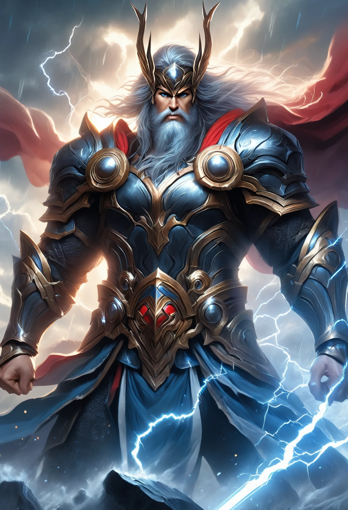 ((Heroic Fantasy)) Painting, torso shot, medium shot, (((God of thunder and justice))) best quality, ultra-high resolution, 4K detailed CG, masterpiece, long hair and beard, Norse Mythology, heroic fantasy epic painting style, Fantasy style aesthetic