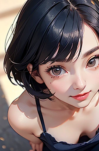 (masterpiece), (8k, best quality, high resolution), (ultra-detailed, realistic), (anatomically correct),  
((from above)), ((look up and see the viewer)), 
((face close-up)), (Standing), (No background),
(1woman),   
(A Japanese woman, 30 years old and 155cm tall.), 
((Create a detailed image of the eye)), ((dark brown eyes)), 
(((Wear a navy blue tunic camisole))), ((A camisole without decoration.)),  
(black hair), (straight hair), (short hair style), ((bob cut)), 
(((One large mole on the corner of the right eye))), 
((smile broadly)), 
(Her impression is pure, clean and kind.),
