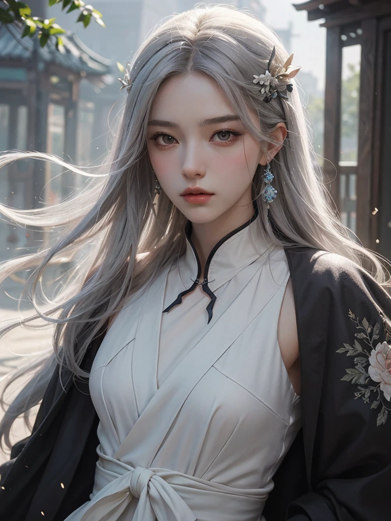 Close-up of a gray-haired man wearing a white mask, Beautiful character painting, guweiz, Gu Weisz style art, White-haired God, author：Yang Jie, Beautiful epic character art, Stunning character art, author：Fan Qi, by Wuzhun Shifan, guweiz in pixiv artstation 