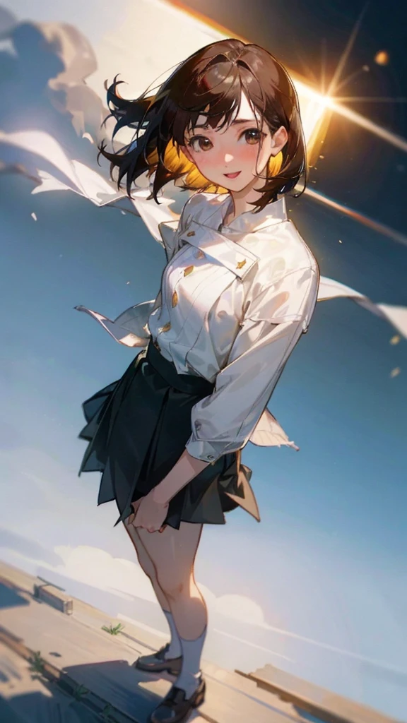 (skin blemish:1.2), (skindentation), black eye, 1woman, 25yo, (((woman))), solo, realistic,  best quality, photorealistic, masterpiece, 8k, high res, solo, extremely detailed face,  (professional lighting, bokeh), (light particles, lens flare, glowing particles:0.6), (dynamic pose:1.2), soft lighting, top angle view, fashionable and trendy atmosphere, japan, street, tokyo, city, ((daytime)), sky,  ((looking at the viewer:1)), (looking at the camera),(portrait:0.6), cowboy shot, gorgeous, standing, keep original facial proportion, wide shoulder, full body,  (small breast),  (medium hair), brown hair, floating hair, lips, lipstick, seductive smile, floating hair, smile, open_mouth, teeth, (white blouse), (jumper skirt), eyelashes, mole, (mole under eye:1),   