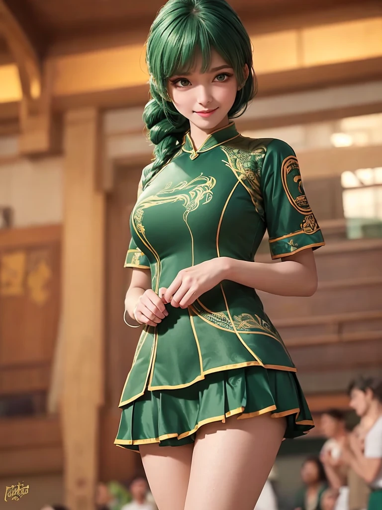 , Hairstyle-Green, No makeup, beautiful fair skin,1 lady only, /(Volleyball uniforms/), Bangs, Blushing smile, (Masterpiece Best Quality:1.2) Exquisite illustrations with rich details, Big BreastsBREAK /(Indoor volleyball court/)