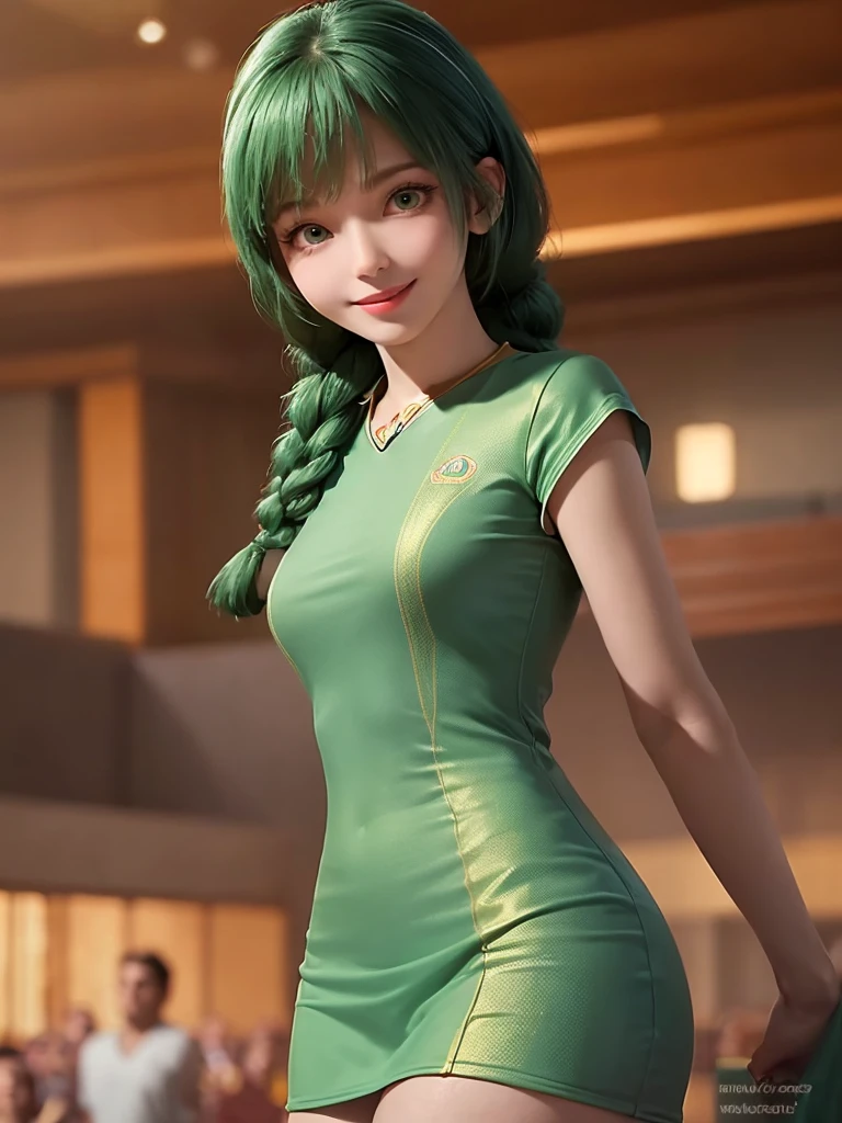 , Hairstyle-Green, No makeup, beautiful fair skin,1 lady only, /(Volleyball uniforms/), Bangs, Blushing smile, (Masterpiece Best Quality:1.2) Exquisite illustrations with rich details, Big BreastsBREAK /(Indoor volleyball court/)