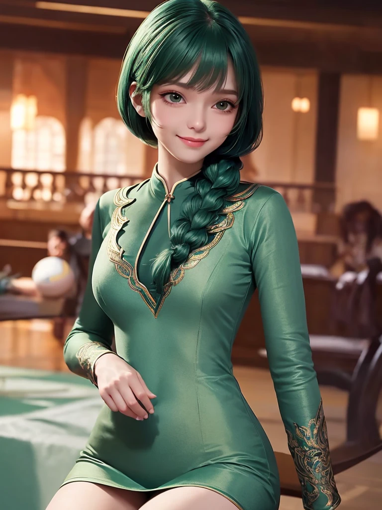 , Hairstyle-Green, No makeup, beautiful fair skin,1 lady only, /(Volleyball uniforms/), Bangs, Blushing smile, (Masterpiece Best Quality:1.2) Exquisite illustrations with rich details, Big BreastsBREAK /(Indoor volleyball court/)