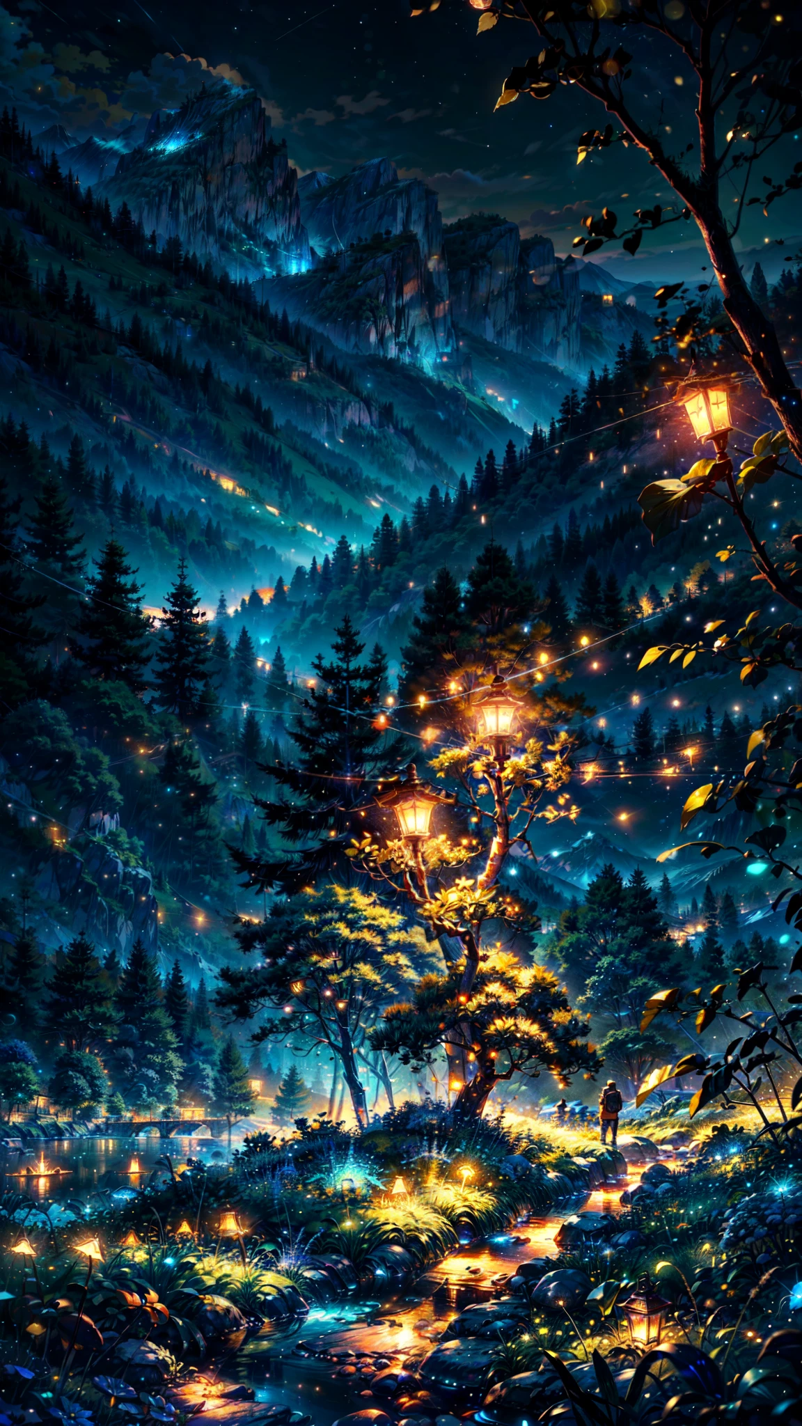 anime inspired greenery landscape alps with bright blue glass like sky shinning twinkling sparkling effect(bokeh effect) (fireflies)