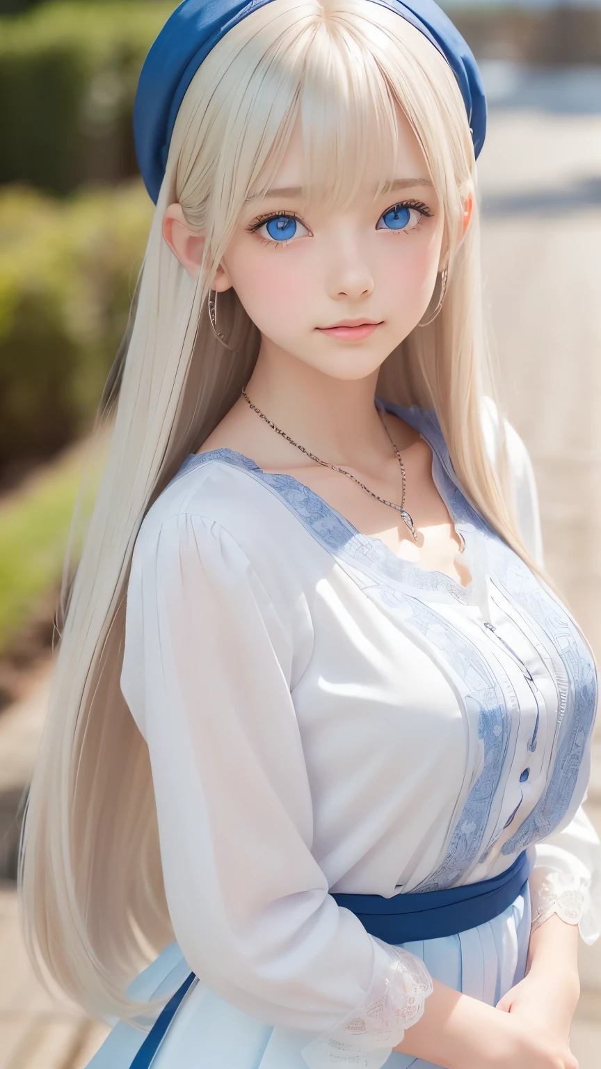 ((detailed face, cute face)), (She is wearing a long white embroidered skirt, a red blouse with lace, a white apron tied around her waist, blue socks, and brown leather shoes, blue scarf is on her head. Yes, her accessories include necklaces, earrings, and bracelets. 1 Girl)), Ultra High Resolution, (Realistic: 1.4), RAW Photo, Best Quality, (Photorealistic Stick), Focus, Soft Light, (()), ((Shiny platinum blonde silk super long straight hair, beautiful shiny bangs, big clear sky blue eyes, very beautiful bright eye highlights )), (( (young face))), (surface), (depth of field), masterpiece, (realistic), woman, bangs, ((1 girl))