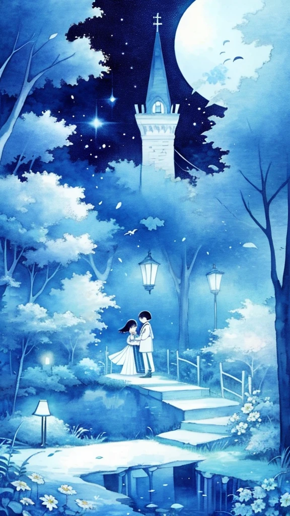 Whitetown, Moon, tree, rays of moonlight, Night, full moon, a young man and a woman, hugs, scenery, Painting (mediating), sky, Outdoors, aquarelle (mediating), Traditional media, flower, lamp post