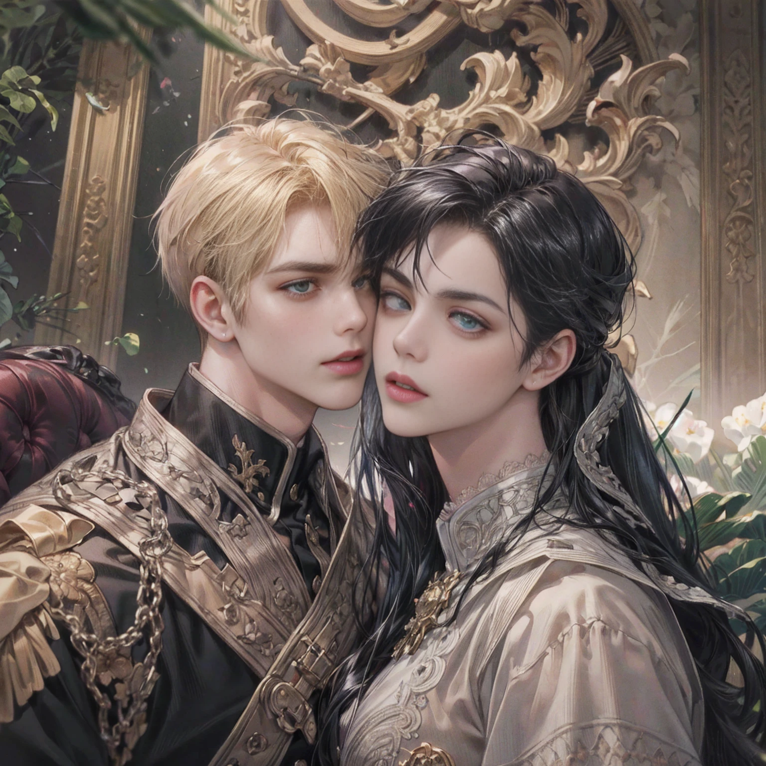 a portrait of constantine the great and his lover minervina, romantic embrace, warm and loving, dramatic, lyrical, (best quality,4k,8k,highres,masterpiece:1.2),ultra-detailed,(realistic,photorealistic,photo-realistic:1.37),oil painting,chiaroscuro lighting,dramatic colors,dramatic angles,detailed facial features,beautiful eyes,lush fabric textures,ornate background,intricate details,dramatic shadows,vivid colors,romantic atmosphere