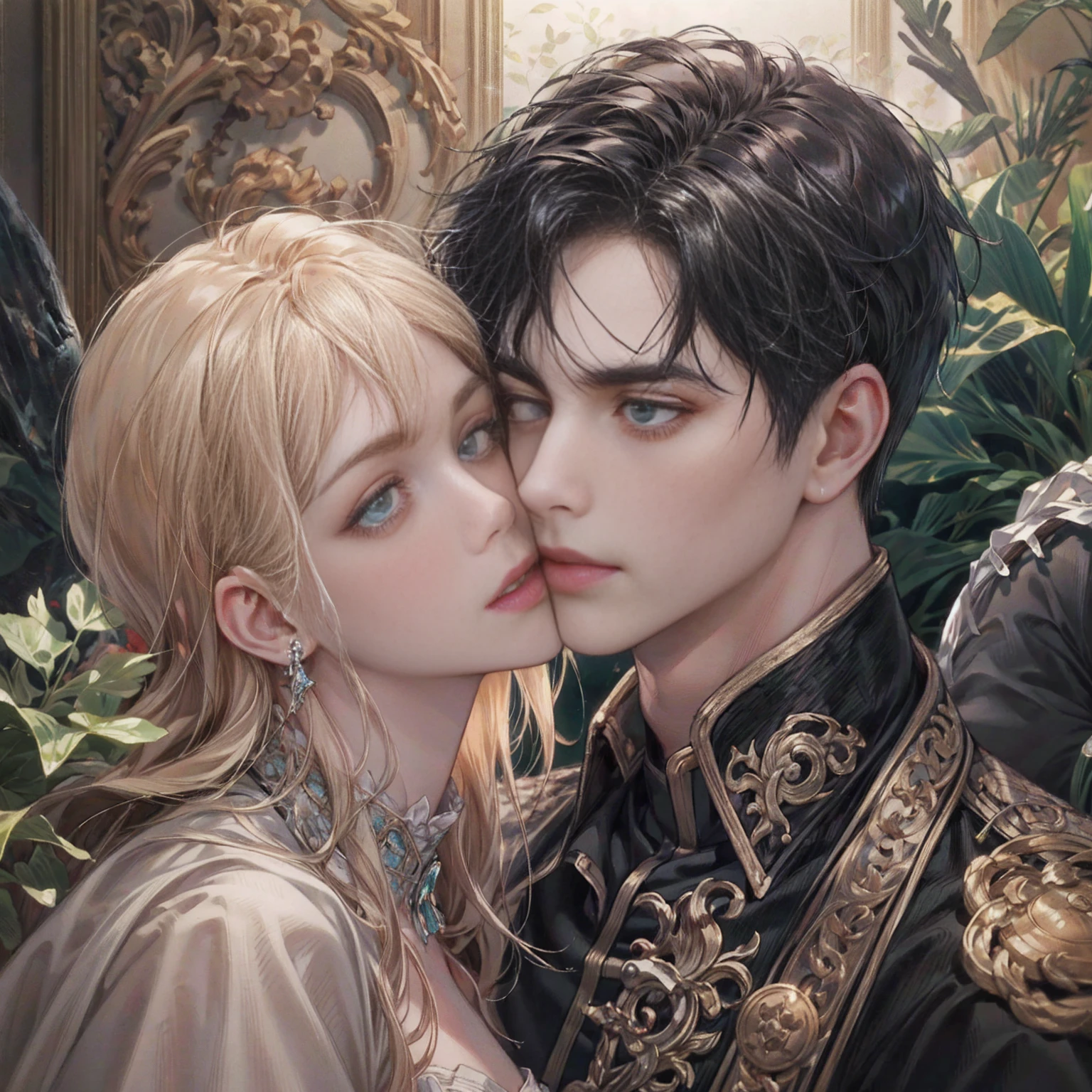 a portrait of constantine the great and his lover minervina, romantic embrace, warm and loving, dramatic, lyrical, (best quality,4k,8k,highres,masterpiece:1.2),ultra-detailed,(realistic,photorealistic,photo-realistic:1.37),oil painting,chiaroscuro lighting,dramatic colors,dramatic angles,detailed facial features,beautiful eyes,lush fabric textures,ornate background,intricate details,dramatic shadows,vivid colors,romantic atmosphere