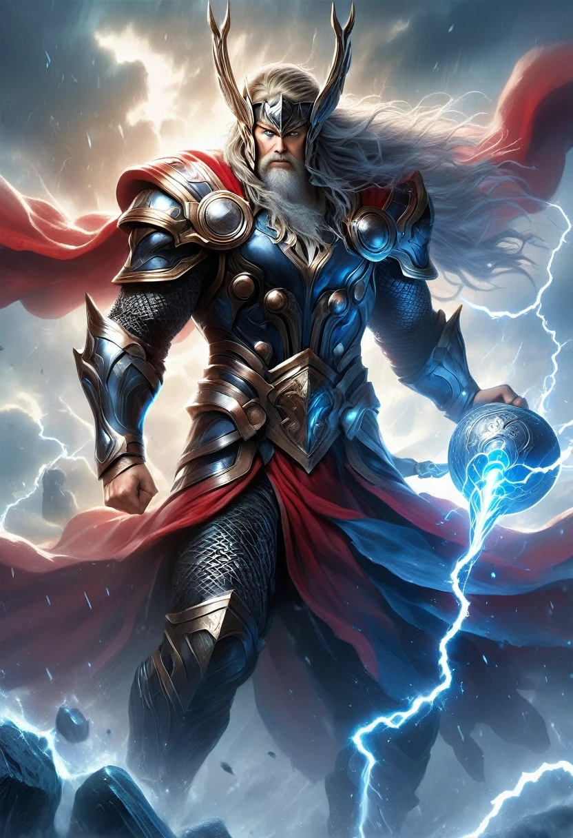 ((Heroic Fantasy)) Painting, Thor torso shot, medium shot, (((Thor God of thunder and justice))) best quality, ultra-high resolution, 4K detailed CG, masterpiece, long hair and beard, Norse Mythology, heroic fantasy epic painting style, Fantasy style aesthetic